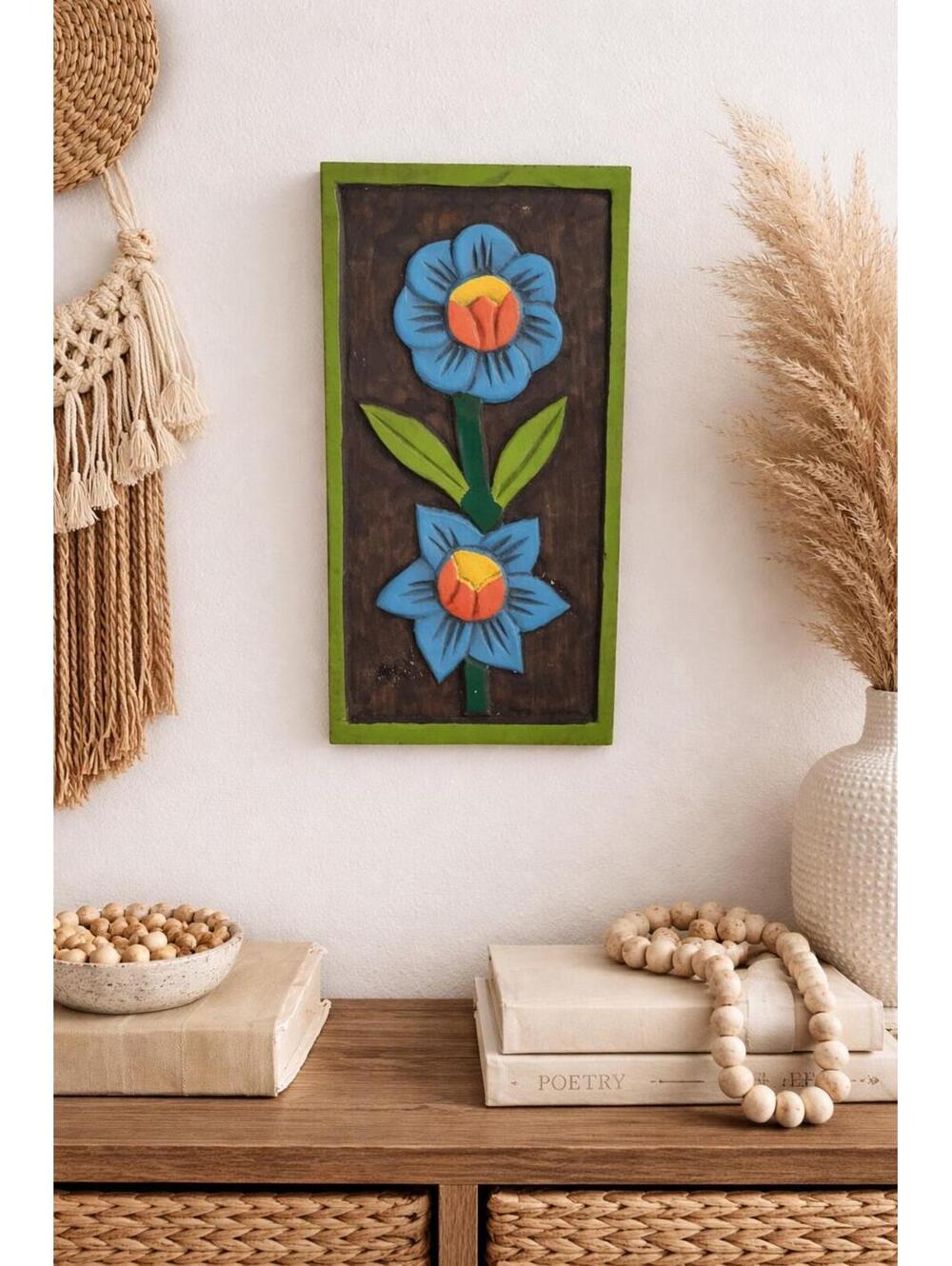 Mexican Folk Art Relief Carved Wood Painted Plaque Flower 12" Boho